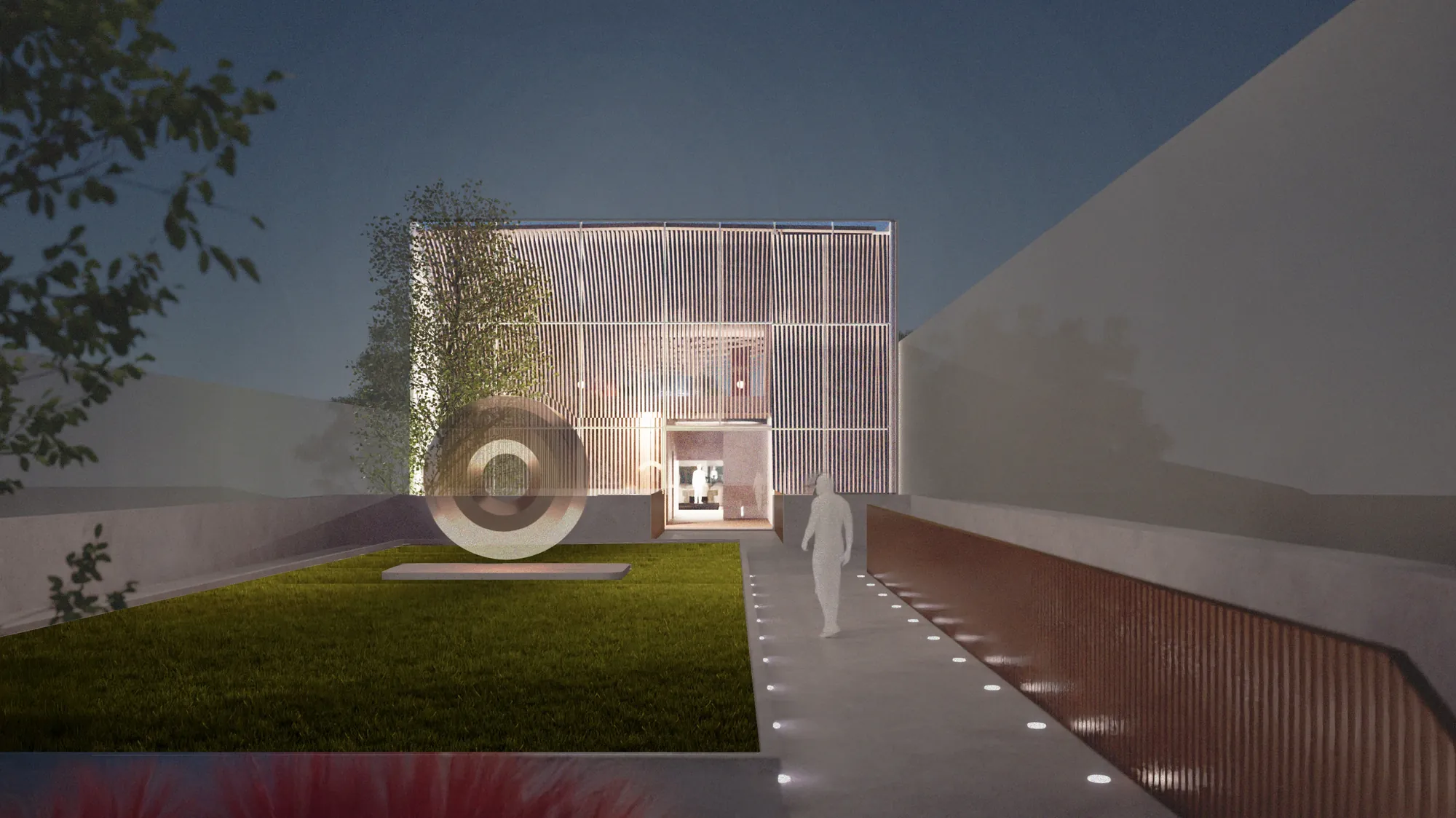 Rendering of the IMA 2.0 building at dusk, with a lit glass facade and a lawn in front